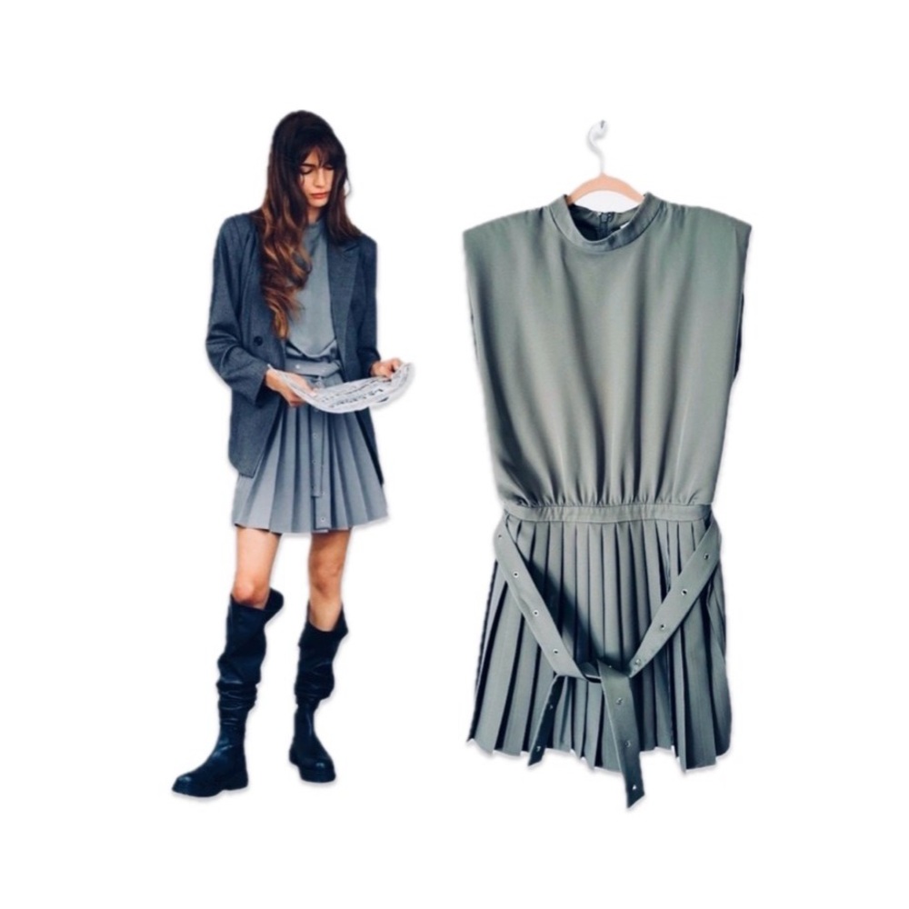 NWOT Mare Mare Anthropologie Gray Mini Sleeveless Pleat Dress w/Shoulder Pads